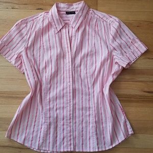 New York & Company Pink Striped Short Sleeved Button Down Blouse-XL